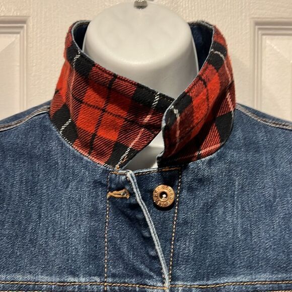PARASUCO Red Plaid Lined Blue Denim Jacket Size S (fits s/m) see measurements - Picture 2 of 14